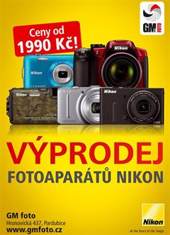 Výprodej fotoaparátů NIKON v prodejně  GM FOTO Hronovická 437 Pardubice. Ceny od 1990,- Kč. Platí do vyprodání zásob. Otevřeno pondělí - pátek 9:30 - 18:00 hodin.